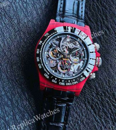 Rolex Daytona Skeleton Face Dandong 4130 Movement 40mm Red Carbon Fiber Case Leather Band Watch